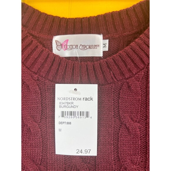 Cotton Emporium Cable Knit Sweater Burgundy Red Womens M Cropped Pullover NWT - Picture 6 of 8